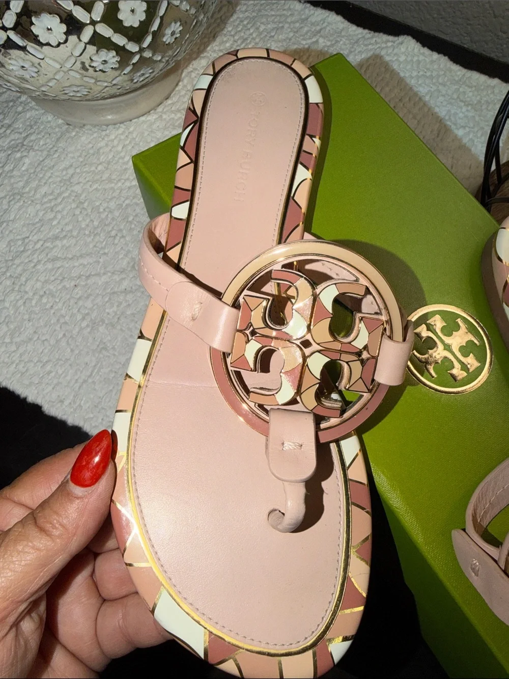 Tory Burch Blush Pink Miller Logo Thong Sandals with Patterned Trim